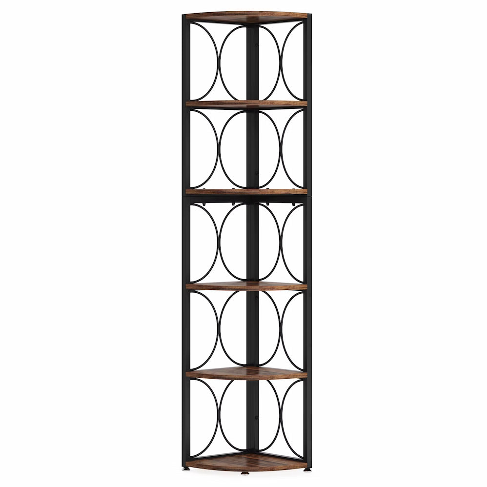 Étagère d’angle quart de cercle à 6 niveaux - métal noir & finition bois