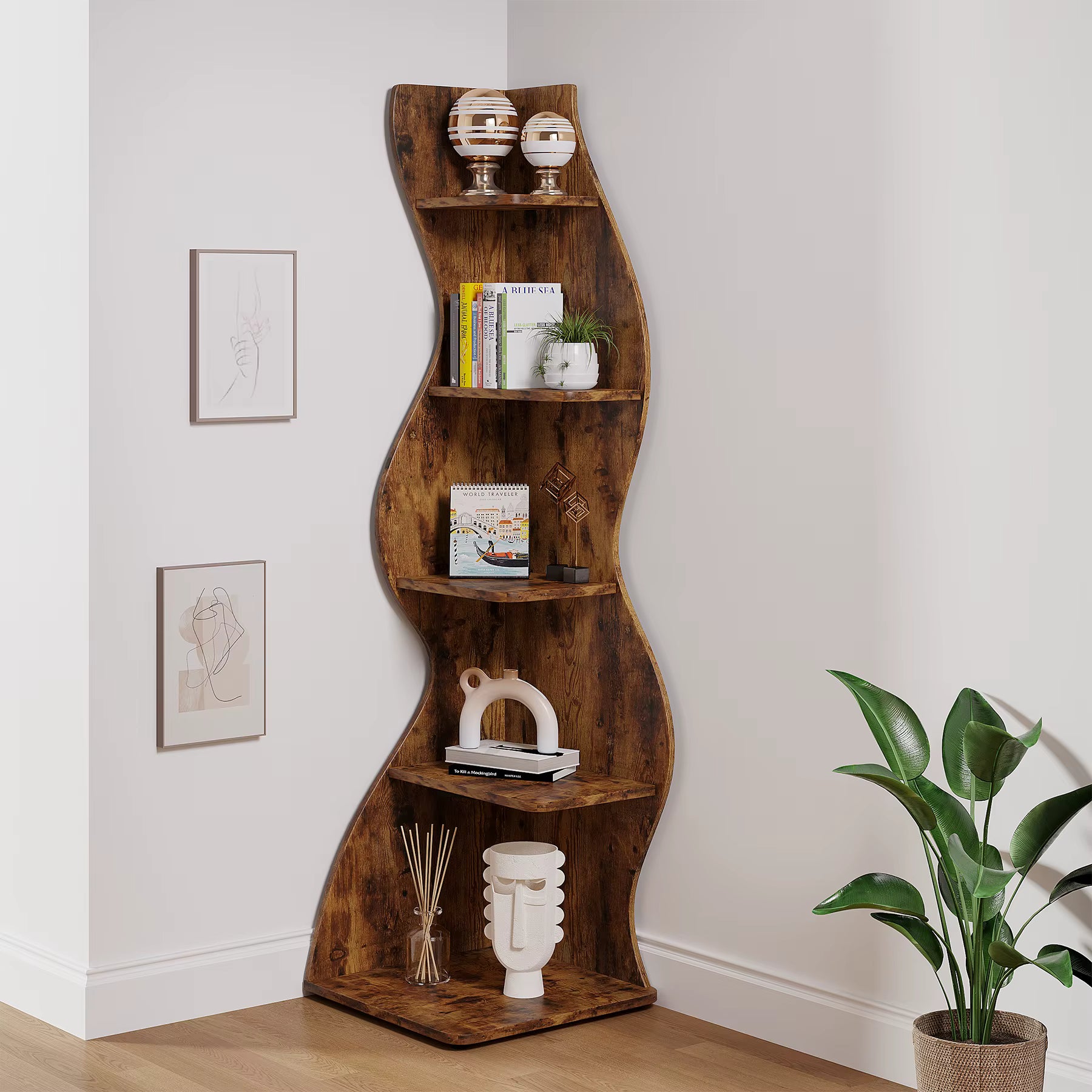Étagère murale d'angle moderne en bois, 5 niveaux