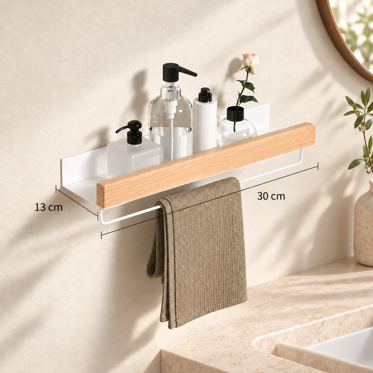 Étagère murale bois clair et métal blanc, longueur 30 cm et profondeur 13 cm