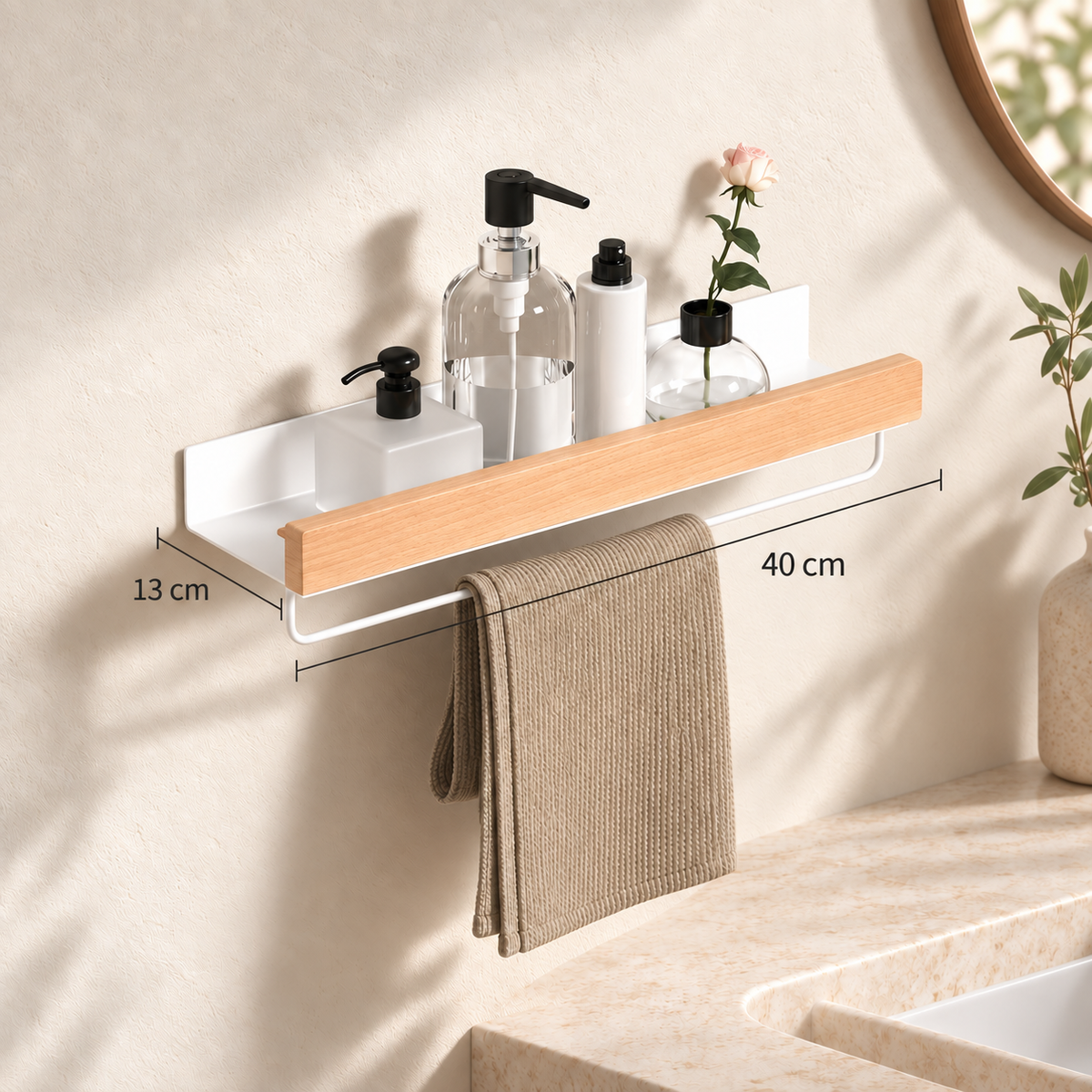 Étagère murale bois clair et métal blanc, longueur 40 cm et profondeur 13 cm