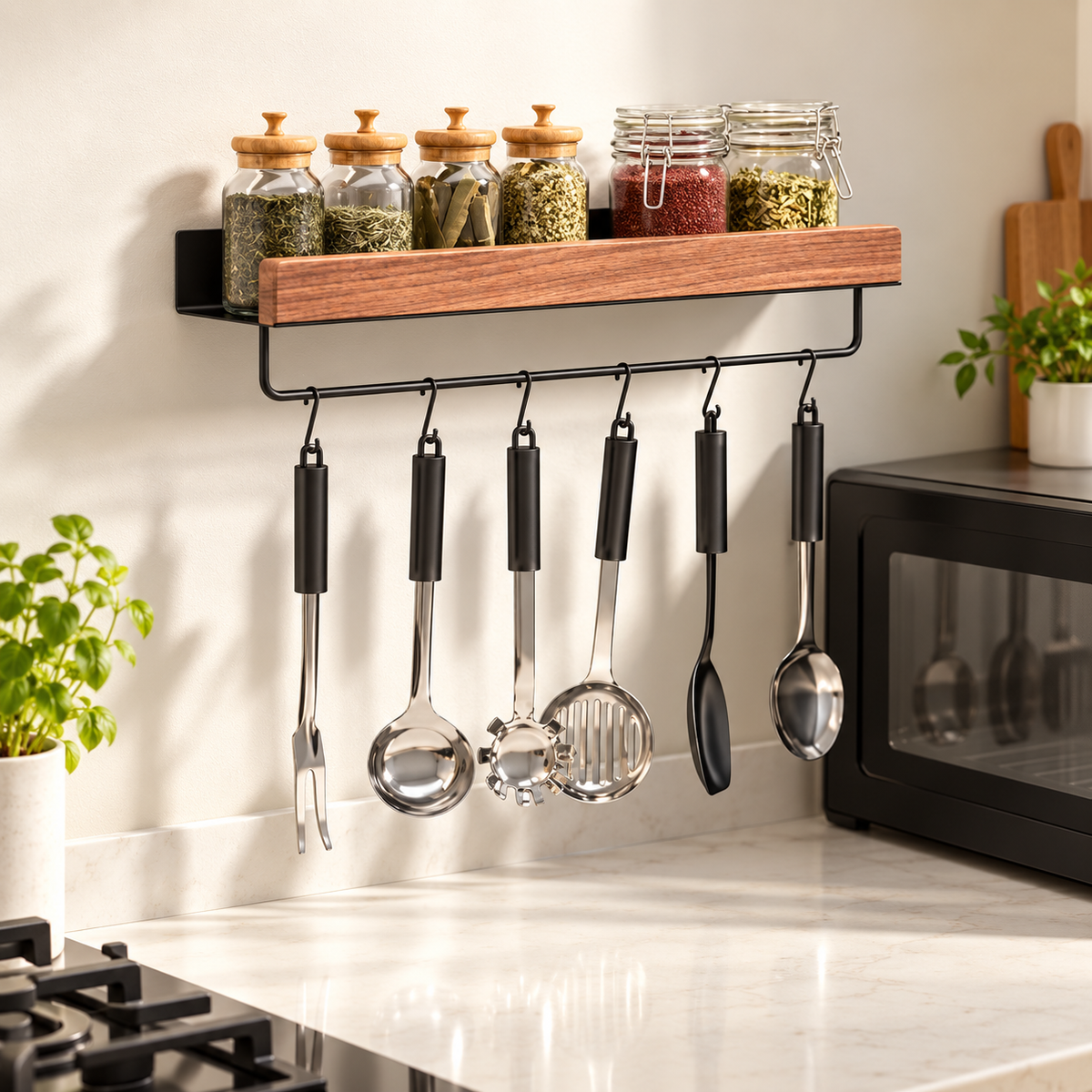 Étagère murale avec porte-serviette en bois et aluminium noir dans une cuisine, bocaux et ustensiles suspendus