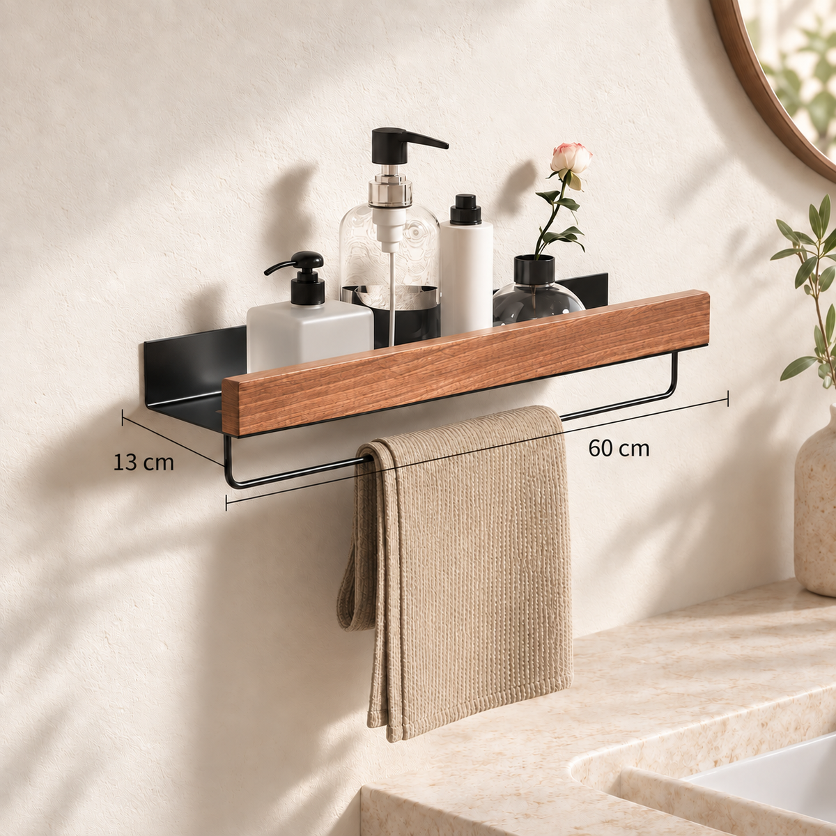 Étagère murale noyer et métal noir, longueur 60 cm et profondeur 13 cm