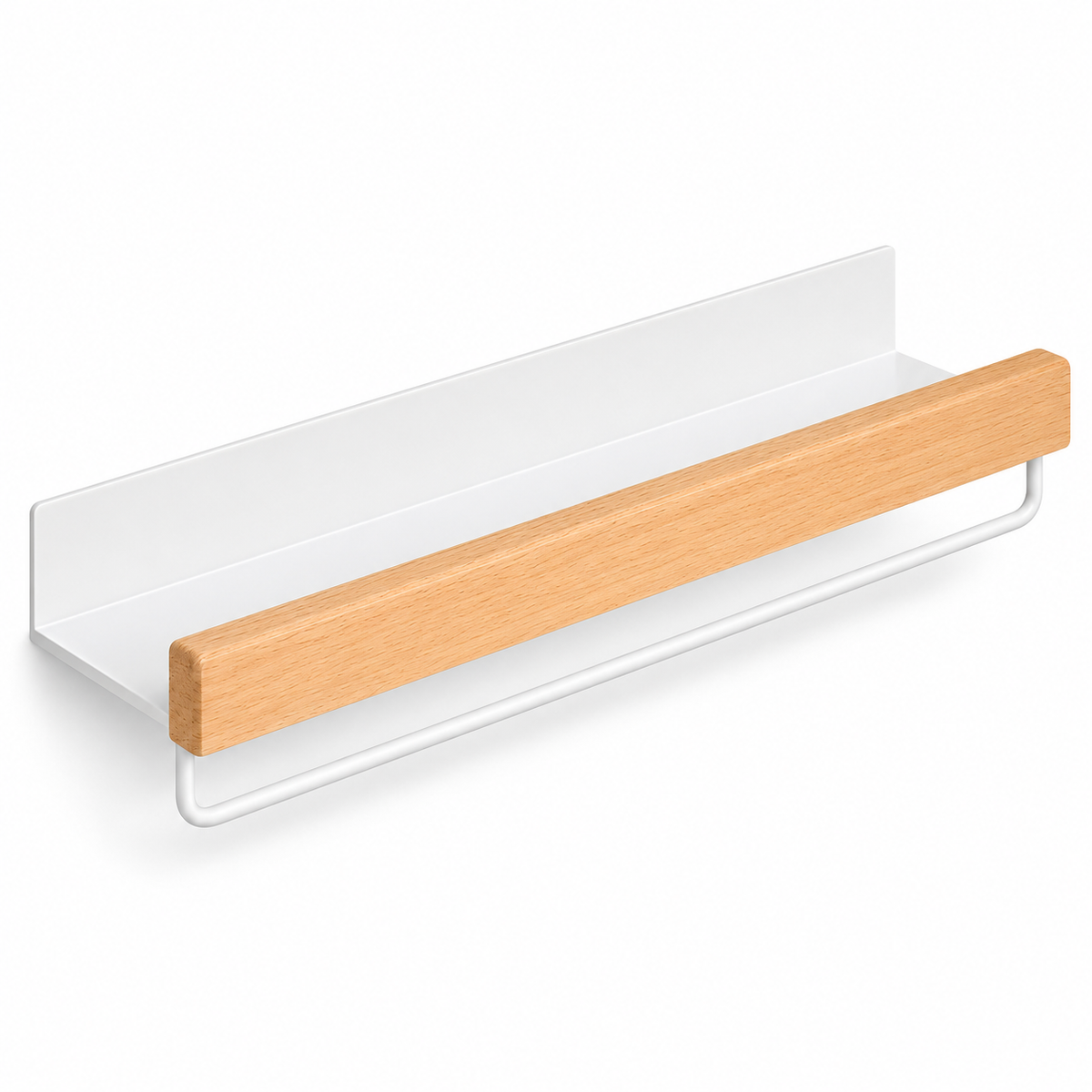 Étagère murale de salle de bain avec porte-serviette, bois clair et métal blanc, sur fond blanc