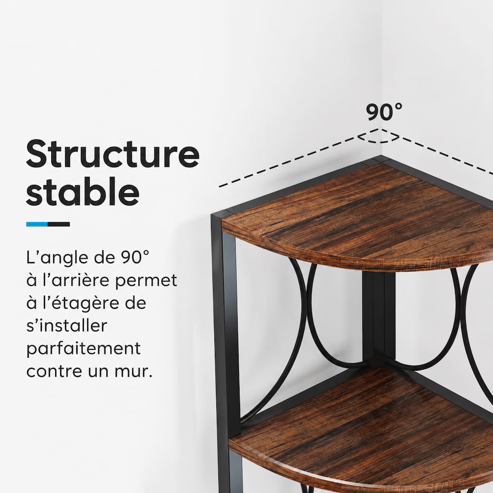 Étagère d’angle quart de cercle à 6 niveaux - métal noir & finition bois