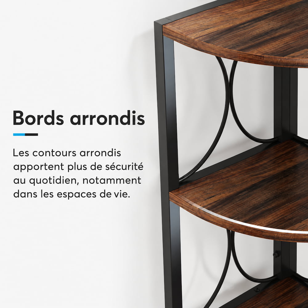 Étagère d’angle quart de cercle à 6 niveaux - métal noir & finition bois