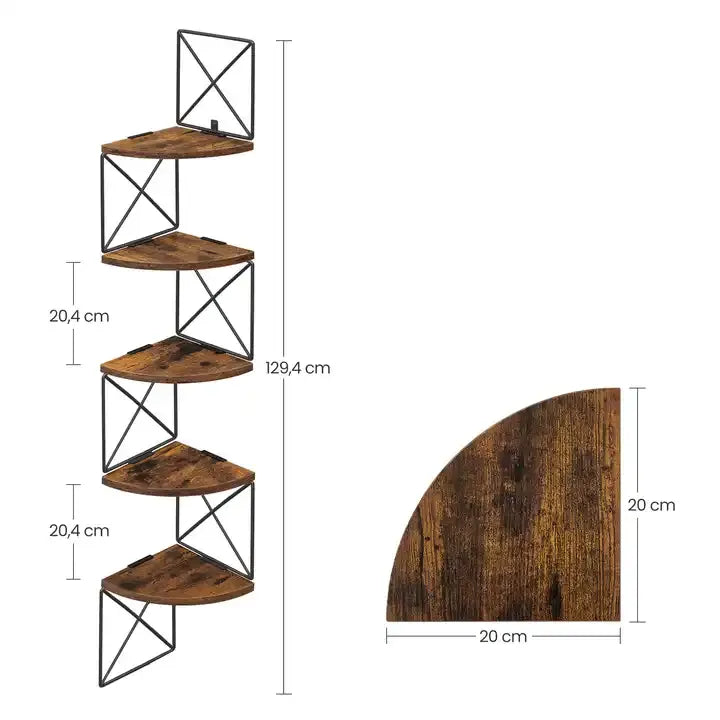 Étagère murale d'angle flottante en bois et métal à 5 niveaux