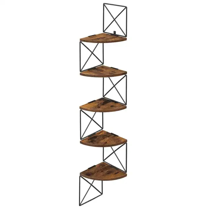 Étagère murale d'angle flottante en bois et métal à 5 niveaux