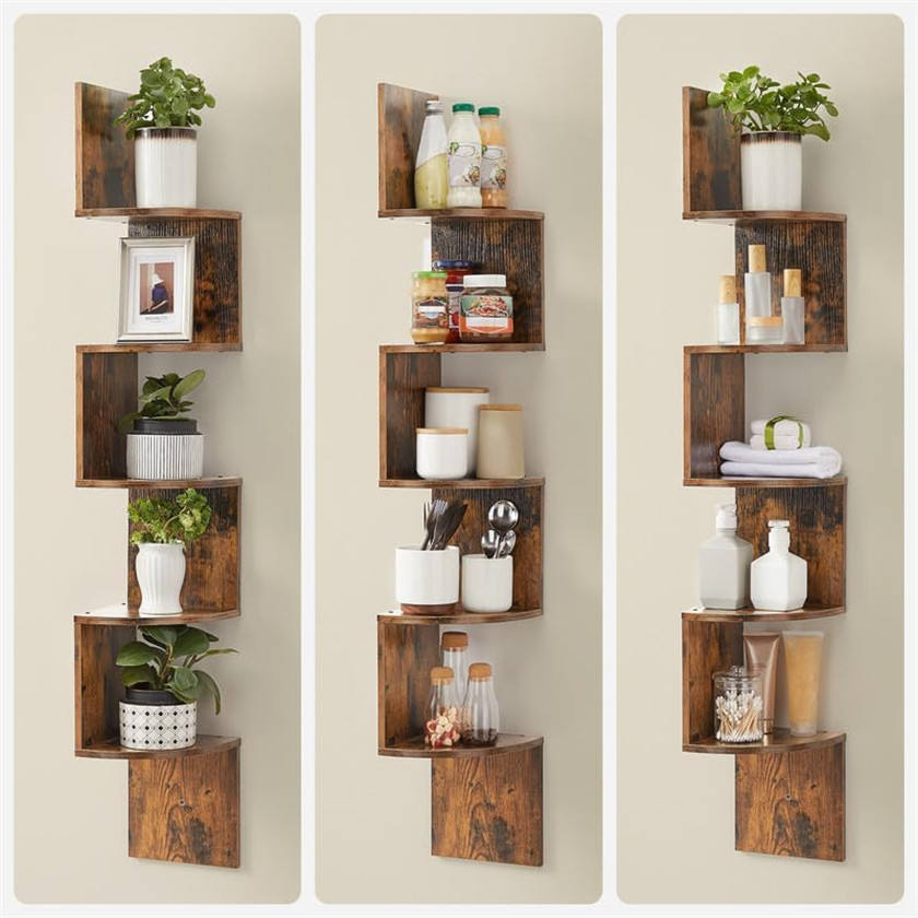 Étagère murale d'angle flottante en bois, 5 niveaux