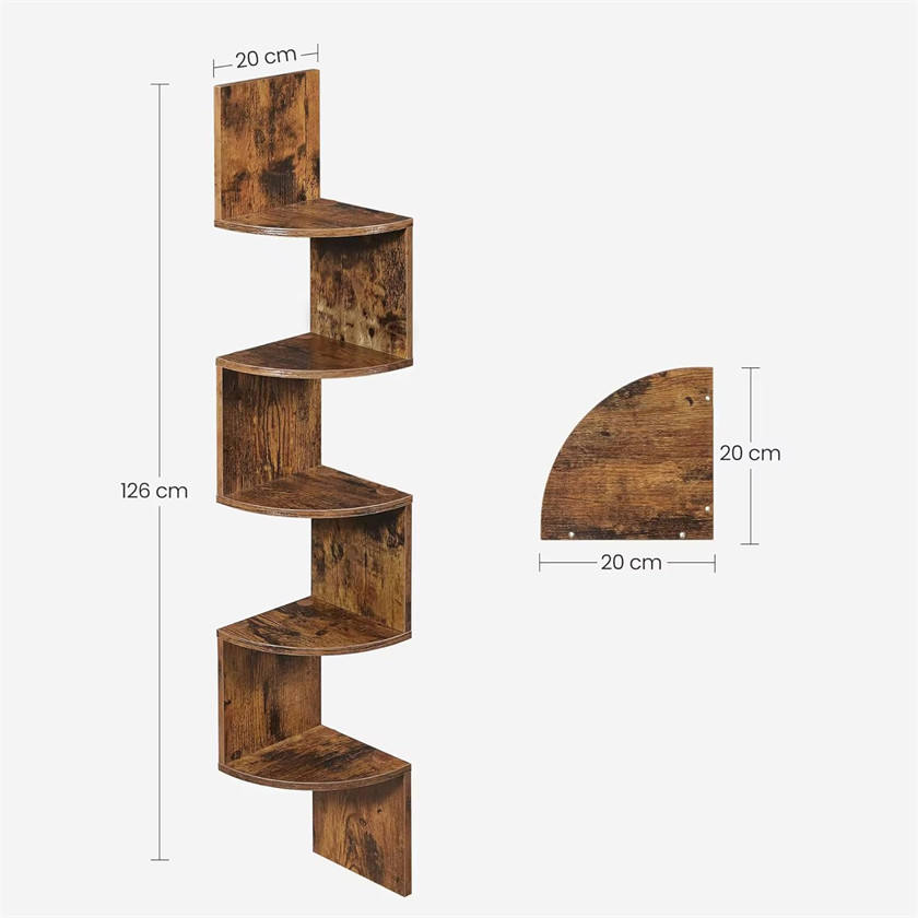 Étagère murale d'angle flottante en bois, 5 niveaux