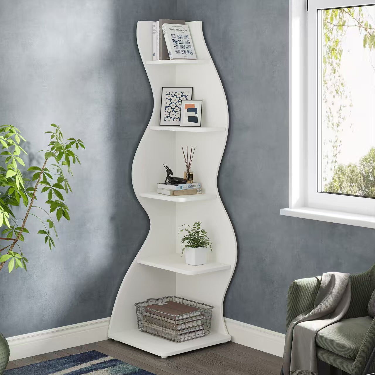 Étagère murale d'angle moderne en bois, 5 niveaux