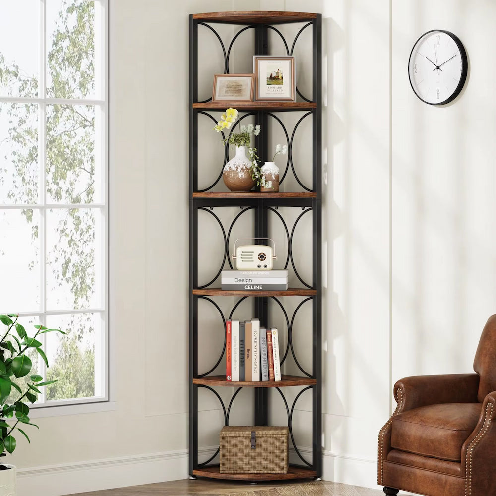 Étagère d’angle quart de cercle à 6 niveaux - métal noir & finition bois
