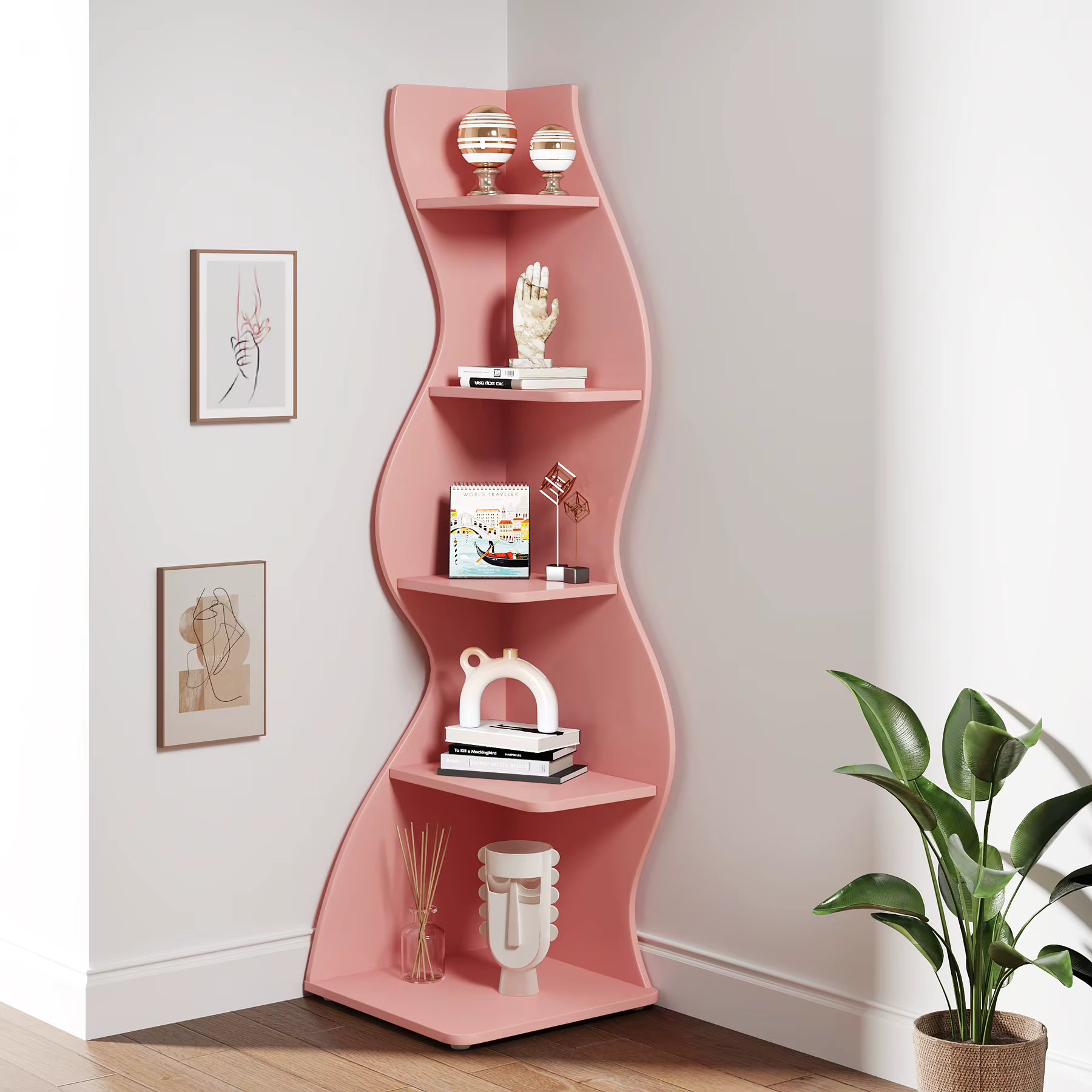 Étagère murale d'angle moderne en bois, 5 niveaux