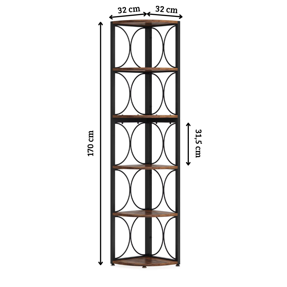 Étagère d’angle quart de cercle à 6 niveaux - métal noir & finition bois