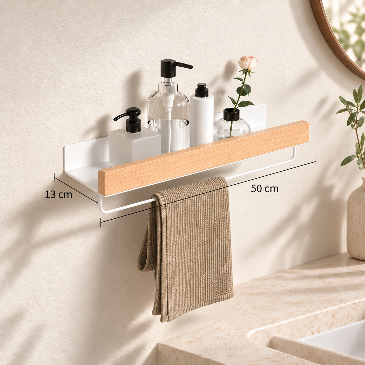 Étagère murale bois clair et métal blanc, longueur 50 cm et profondeur 13 cm