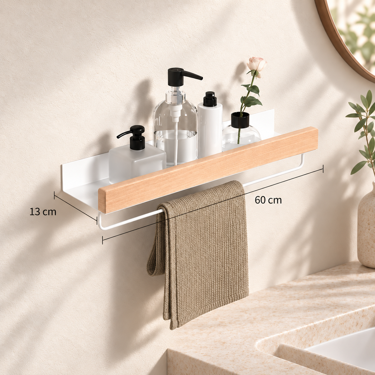 Étagère murale bois clair et métal blanc, longueur 60 cm et profondeur 13 cm