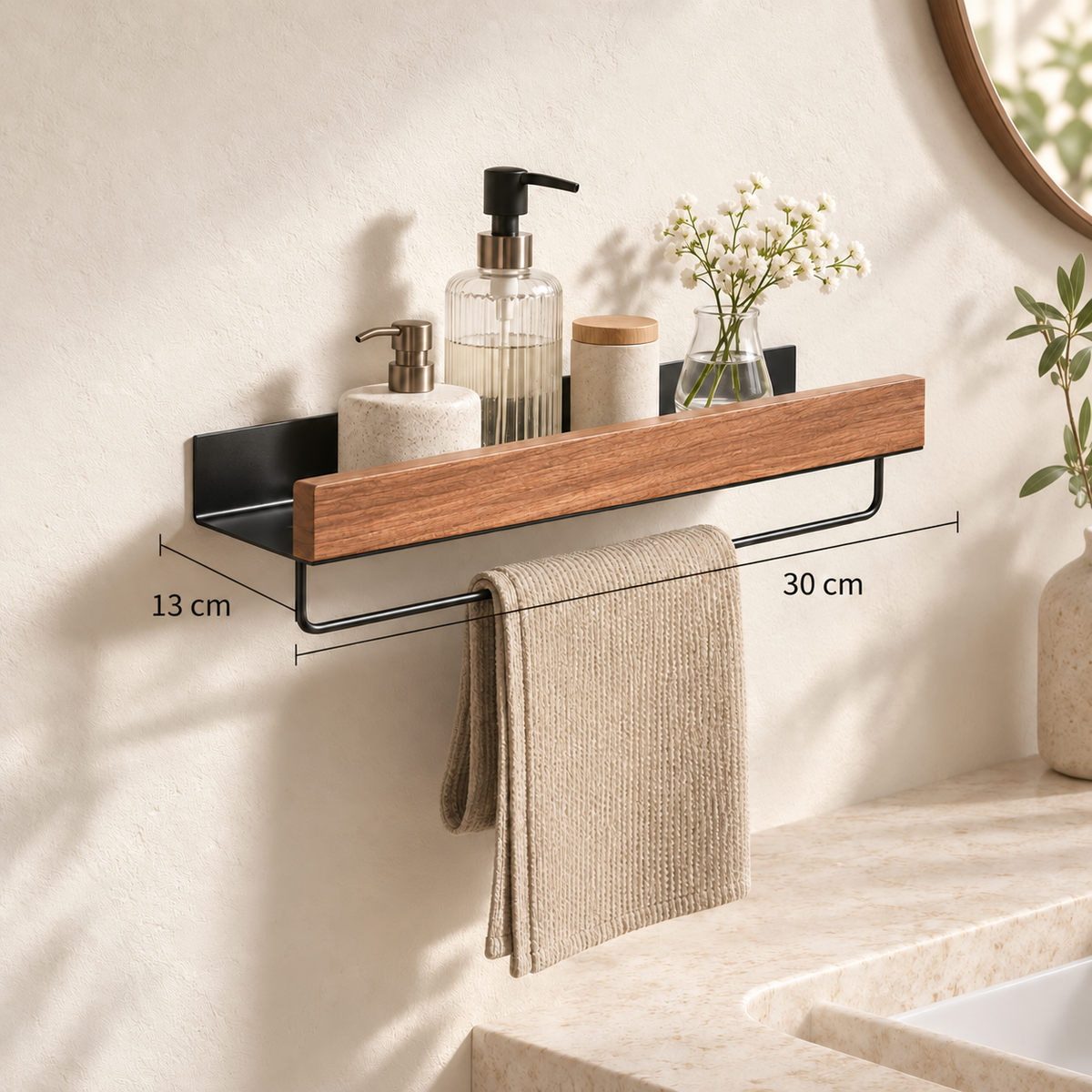 Étagère murale noyer et métal noir, longueur 30 cm et profondeur 13 cm