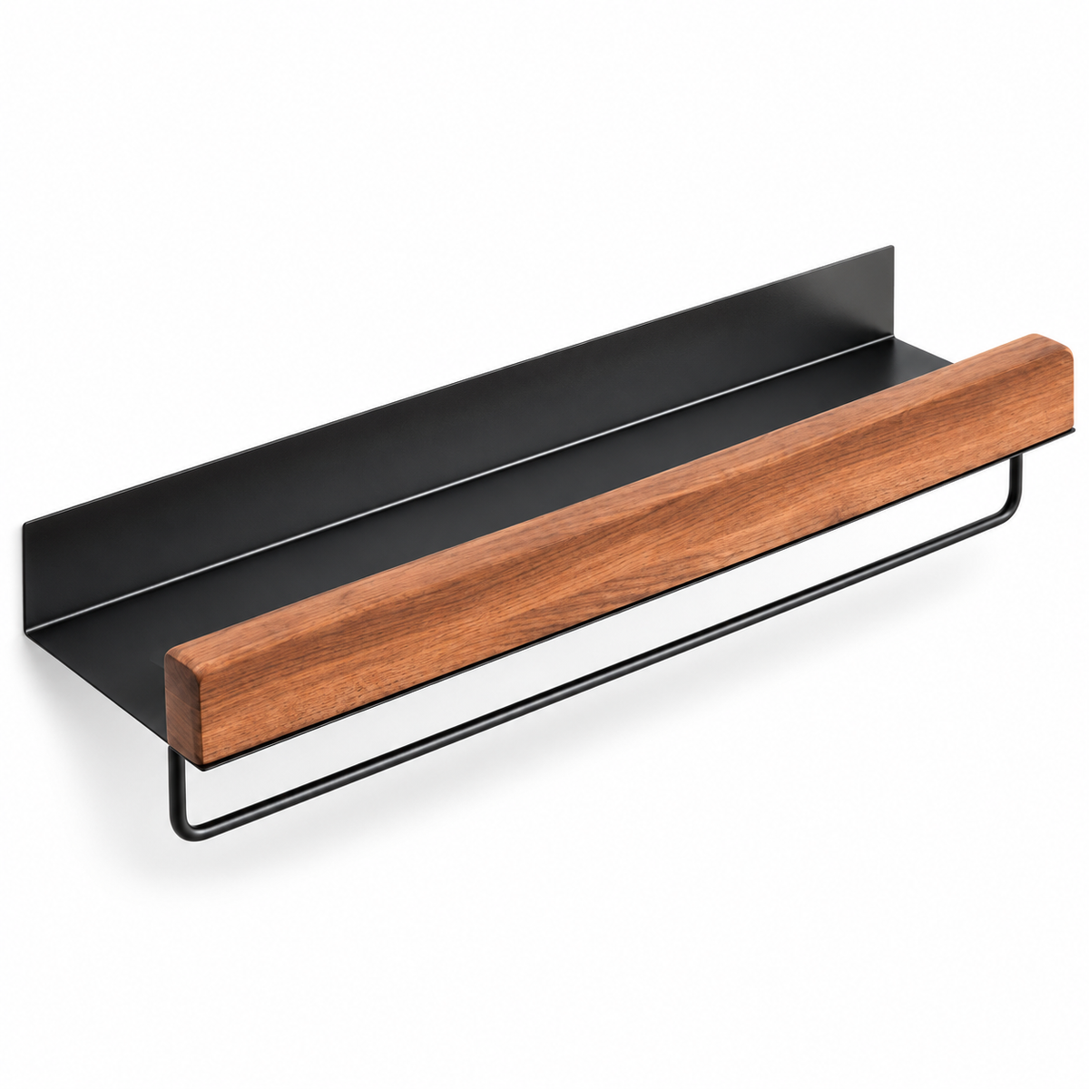 Étagère murale de salle de bain avec porte-serviette, finition noyer et métal noir, sur fond blanc